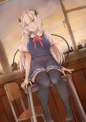 Rule 34 | 1girl, alternate costume, blue eyes, blue skirt, commentary, demon tail, desk, dress, english commentary, highres, horns, indie virtual youtuber, looking at viewer, mixed-language commentary, okiji b, on desk, pinafore dress, school uniform, sitting, on desk, skirt, sleeveless, sleeveless dress, solo, tail, thighhighs, vei (vtuber), vei (vtuber) (2nd costume), virtual youtuber, white hair