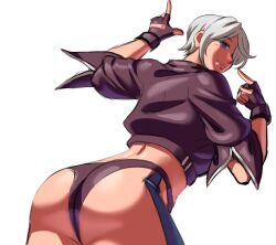 Rule 34 | 1girl, angel (kof), ass, ass cutout, blue eyes, breasts, chaps, clothing cutout, fingerless gloves, from behind, gloves, hair over one eye, jacket, large breasts, looking at viewer, nakamanga, naughty face, revealing clothes, seductive smile, short hair, sideboob, smile, the king of fighters, the king of fighters xv, thick thighs, thighs, thong, tongue, tongue out, white hair
