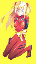 Rule 34 | ayamoto, blonde hair, blue eyes, full body, hair between eyes, hair ornament, hairclip, long hair, neon genesis evangelion, plugsuit, ribbon, simple background, sitting, solo, souryuu asuka langley, thighs, two side up, v-shaped eyebrows, valentine, yellow background