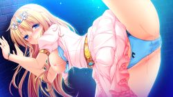 Rule 34 | 1girl, against wall, blonde hair, blue bra, blue eyes, blue panties, blush, bra, bra pull, breasts, censored, clothes pull, dress, game cg, harvest overray, large breasts, leg up, legs, long hair, looking back, mikami lilia, nipples, nironiro, open clothes, panties, pussy juice, smile, solo, thighs, underwear, usume shirou, wet