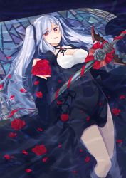 Rule 34 | breasts, flower, highres, indoors, looking at viewer, medium breasts, ni piao xiancai, petals, red eyes, sennen sensou aigis, sword, twintails, wading, weapon, white hair