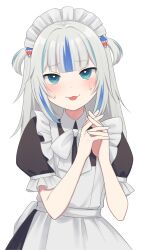 Rule 34 | 1girl, :p, alternate costume, apron, black dress, blue eyes, blue hair, blunt bangs, bow, bowtie, closed mouth, collared dress, commentary request, dress, enmaided, gawr gura, grey hair, hair ornament, hands up, highres, hololive, hololive english, light blush, looking at viewer, maid, maid apron, maid headdress, medium hair, multicolored hair, nzmtarou, own hands together, puffy short sleeves, puffy sleeves, shark hair ornament, short sleeves, sidelocks, simple background, solo, streaked hair, sweatdrop, tongue, tongue out, two side up, virtual youtuber, white apron, white background, white bow, white bowtie