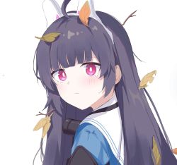 Rule 34 | 1girl, absurdres, ahoge, animal ears, black hair, blue archive, blue serafuku, blunt bangs, blush, bright pupils, closed mouth, fake animal ears, highres, leaf, long hair, looking at viewer, miyu (blue archive), pout, rabbit ears, red eyes, sailor collar, school uniform, serafuku, simple background, solo, tearing up, upper body, white background, white pupils, white sailor collar, zapik
