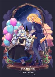 Rule 34 | animal, animal on head, balloon, bench, black dress, black footwear, blue eyes, bow, copyright name, dress, earrings, formal, gloves, high heels, jewelry, long hair, nekoichi, on head, pixiv fantasia, pixiv fantasia age of starlight, pointy ears, red bow, rope, silver hair, sitting, sky, star (sky), starry sky, suit, twintails, white gloves