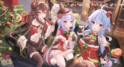 Rule 34 | 3girls, ahoge, alternate costume, arm support, arm warmers, black bodysuit, blue hair, blue nails, bodysuit, bodysuit under clothes, boo tao (genshin impact), bow, bowtie, box, braid, breasts, brown gloves, brown hair, brown shorts, brown thighhighs, cape, capelet, christmas, christmas present, christmas tree, claw pose, coin hair ornament, couch, dated, dress, drooling, elbow gloves, fangs, feet out of frame, fingerless gloves, fingernails, flower-shaped pupils, frills, fur-trimmed cape, fur-trimmed capelet, fur trim, ganyu (genshin impact), genshin impact, ghost, gift, gift box, gloves, goat horns, gold trim, green bow, green bowtie, hair between eyes, hair ornament, hat, heart, highres, holding, horns, hu tao (genshin impact), indoors, large breasts, leaf, long fingernails, long hair, looking at another, looking at viewer, miaogujun, multiple girls, nail polish, ofuda, on couch, open mouth, parted lips, ponytail, purple eyes, purple hair, qiqi (genshin impact), red cape, red dress, red eyes, red nails, santa costume, santa dress, short dress, short shorts, shorts, single fingerless glove, sparkling eyes, star (symbol), symbol-shaped pupils, teeth, thighhighs, thighs, tree, twintails, upper teeth only, white thighhighs, wide sleeves, window, zettai ryouiki