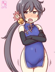 Rule 34 | 1girl, akebono (kancolle), alternate costume, artist logo, bell, blush, china dress, chinese clothes, cowboy shot, dated, dress, embarrassed, flower, gradient background, grey eyes, grey hair, hair bell, hair flower, hair ornament, jingle bell, kanon (kurogane knights), kantai collection, long hair, looking at viewer, one-hour drawing challenge, open mouth, pink background, side ponytail, side slit, solo, very long hair