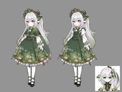 Rule 34 | alternate costume, black footwear, bonnet, child, chinese commentary, chishahaone, commentary request, cross-shaped pupils, dress, full body, genshin impact, gradient hair, green dress, green eyes, green hair, half updo, highres, lolita fashion, long hair, long sleeves, multicolored hair, nahida (genshin impact), pantyhose, pointy ears, reference inset, smile, symbol-shaped pupils, white hair, white pantyhose