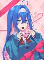 Rule 34 | 1girl, ahoge, blue cardigan, blue eyes, blue hair, bow, bowtie, cardigan, chocolate, colored inner hair, commission, hair between eyes, hair intakes, headband, heart, heart ahoge, heart hands, highres, long hair, long sleeves, looking at viewer, mouth hold, multicolored hair, open mouth, original, pink background, pink hair, plaid, plaid background, plaid bow, plaid bowtie, red bow, red bowtie, red ribbon, ribbon, ryun0m1, shirt, skeb commission, solo, two-tone hair, upper body, very long hair, white headband, white shirt