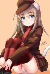 Rule 34 | 1girl, animal ears, black coat, black footwear, black hat, black thighhighs, blue eyes, brown hair, cat ears, cat tail, closed mouth, coat, commentary request, haruhata mutsuki, hat, hugging own legs, long hair, long sleeves, looking at viewer, no pants, open clothes, open coat, orange background, panties, pantyshot, red scarf, red thighhighs, scarf, simple background, sitting, smile, solo, strike witches: katayoku no majo-tachi, striped clothes, striped thighhighs, tail, thighhighs, underwear, white panties, wilma bishop, world witches series