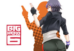 Rule 34 | 1girl, ass, big hero 6, black hair, breasts, brown eyes, copyright name, cropped jacket, eyeshadow, fingerless gloves, from behind, gloves, gogo tomago, looking back, makeup, marvel, multicolored hair, purple hair, salute, short hair, solo, tamago boro, two-finger salute, wristband
