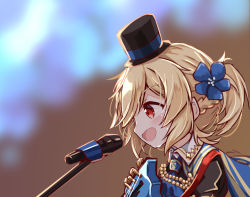 Rule 34 | 1girl, ascot, bare shoulders, black hat, black jacket, blonde hair, blue ascot, blue cape, blue flower, blurry, blurry background, blush, cape, commentary request, depth of field, flower, girls&#039; frontline, hair between eyes, hair flower, hair ornament, hat, highres, instrument, jacket, looking away, matsuo (matuonoie), microphone, mini hat, mini top hat, nagant revolver (astral bond) (girls&#039; frontline), nagant revolver (girls&#039; frontline), official alternate costume, open mouth, ponytail, red eyes, solo, top hat, upper body