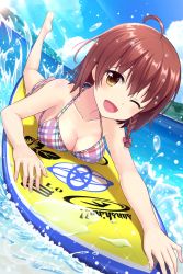 Rule 34 | 1girl, ahoge, alternative girls, bare shoulders, barefoot, beach, bikini, breasts, brown eyes, brown hair, cleavage, day, highres, looking at viewer, lying, medium breasts, official art, on stomach, one eye closed, open mouth, short hair, smile, solo, surfboard, swimsuit, water, yuuki miyaka