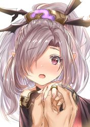 Rule 34 | aldehyde, bare shoulders, blush, granblue fantasy, hair ornament, hair over one eye, harvin, highres, jewelry, niyon (granblue fantasy), open mouth, pointy ears, ponytail, pov, pov hands, ring, solo focus, surprised, white background