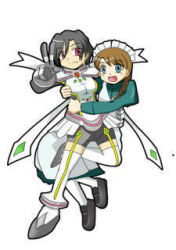 Rule 34 | 00s, 2girls, :d, black hair, breasts, brown hair, chie hallard, dress, full body, garter straps, gauntlets, green dress, green eyes, hug, long sleeves, lowres, multiple girls, my-otome, non-web source, open mouth, outstretched arms, red eyes, senou aoi, short hair, simple background, smile, thighhighs, v, white background, white legwear, yuri, zettai ryouiki