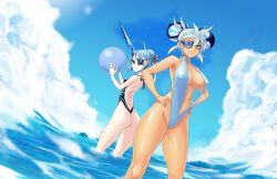 Rule 34 | 2girls, ass, bikini, blue eyes, blue hair, breasts, damagefloor, dark-skinned female, dark skin, day, hands on own hips, large breasts, looking at viewer, multiple girls, nintendo, one-piece swimsuit, praxis (xenoblade), purple eyes, slingshot swimsuit, small breasts, smile, standing, swimsuit, theory (xenoblade), wading, water, xenoblade chronicles (series), xenoblade chronicles 2