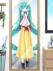 Rule 34 | 1girl, absurdly long hair, aira (exp), black footwear, blue eyes, blue hair, blue jacket, cellphone, closed mouth, floating hair, full body, hair between eyes, hatsune miku, highres, holding, holding phone, jacket, long hair, long skirt, mirror, open clothes, open jacket, phone, shirt, skirt, smartphone, smile, solo, standing, twintails, very long hair, vocaloid, white shirt, yellow skirt