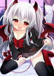 Rule 34 | 1girl, black thighhighs, blush, boots, bow, bowtie, breasts, cleavage, collarbone, demon girl, demon tail, demon wings, grim aloe, heart, heart-shaped pupils, highres, horns, kneeling, long hair, looking at viewer, low wings, medium breasts, nagayama yuunon, open mouth, quiz magic academy, red bow, red bowtie, red eyes, red footwear, silver hair, smile, solo, symbol-shaped pupils, tail, thighhighs, twintails, window, wings