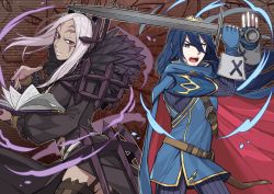 Rule 34 | aversa (fire emblem), blue hair, book, fire emblem, fire emblem awakening, hiomaika, holding, holding book, holding sword, holding weapon, leather belt, leather strap, looking at viewer, lucina (fire emblem), nintendo, open mouth, sword, thighhighs, upper body, weapon, white hair