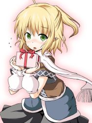 Rule 34 | 1girl, arm warmers, blonde hair, blush, female focus, gift, green eyes, holding, looking at viewer, mizuhashi parsee, open mouth, pointy ears, ponytail, scarf, shirt, short hair, short sleeves, skirt, solo, suna (sunaipu), sweatdrop, touhou