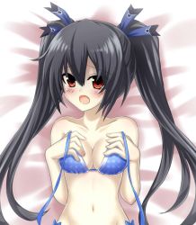 Rule 34 | 10s, 1girl, black hair, blue bra, blush, bra, breasts, cleavage, embarrassed, female focus, hand on own chest, medium breasts, navel, neptune (series), noire (neptunia), open mouth, red eyes, sigemi, solo, twintails, underwear
