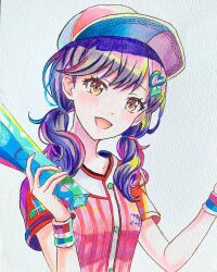 Rule 34 | 1girl, :d, alternate hairstyle, aqua hair, baseball cap, blue hat, blush, breasts, brown eyes, buttons, casual, colorful, commentary, eme (crown rj rj), gradient eyes, hair ornament, hat, head tilt, heart, heart hair ornament, highres, holding, light purple hair, looking at viewer, low twintails, marker (medium), medium hair, minna de enjoy! spojoy park (project sekai), multicolored clothes, multicolored eyes, multicolored hat, nose blush, object request, open mouth, paper texture, pink hair, pink shirt, project sekai, purple hair, purple hat, red trim, shinonome ena, shirt, short sleeves, small breasts, smile, solo, striped clothes, striped shirt, symbol-only commentary, traditional media, twintails, upper body, vertical-striped clothes, vertical-striped shirt, white hat, white shirt, wristband, yellow eyes
