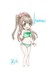 Rule 34 | 1girl, barefoot, bikini, blush, breasts, brown eyes, brown hair, chibi, collarbone, green bikini, hair ornament, long hair, looking at viewer, love live!, love live! school idol festival, love live! school idol project, minami kotori, navel, open mouth, ozaki mirai, pom pom (clothes), pom pom hair ornament, ponytail, side ponytail, small breasts, smile, standing, swimsuit, teeth, waving, white background, wristband