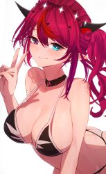 Rule 34 | 1girl, ass, bikini, black bikini, blue eyes, breasts, choker, cleavage, double halo, getto, halo, heterochromia, highres, hololive, hololive english, horns, irys (hololive), large breasts, long hair, looking at viewer, multicolored hair, pointy ears, purple hair, red eyes, red hair, smile, star halo, swimsuit, two-tone hair, v, virtual youtuber