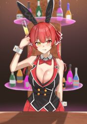 Rule 34 | 1girl, :p, animal ears, bartender, blush, bottle, bow, bowtie, breasts, bunny garden, cleavage, cup, fake animal ears, hand up, highres, holding, holding cup, hololive, houshou marine, kurikato, large breasts, long hair, looking at viewer, nontraditional playboy bunny, rabbit ears, red bow, red bowtie, red eyes, red hair, red skirt, skirt, solo, standing, tongue, tongue out, virtual youtuber, white wrist cuffs, wrist cuffs, yellow eyes