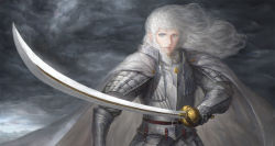 Rule 34 | 1boy, armor, berserk, blue eyes, breastplate, cape, closed mouth, cloud, cloudy sky, diaodiao, gauntlets, grey sky, grey theme, griffith (berserk), highres, holding, holding sword, holding weapon, long hair, male focus, mountain, outdoors, pauldrons, realistic, scratches, shoulder armor, sky, solo, sword, vambraces, wavy hair, weapon, white cape, white hair