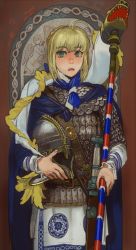 Rule 34 | 1girl, ahoge, alternate costume, angel wings, armor, artoria pendragon (all), artoria pendragon (fate), blonde hair, blue cape, blue eyes, braid, cape, chainmail, cowboy shot, fate/stay night, fate (series), freckles, french braid, greco-roman clothes, green eyes, unworn headwear, helmet, unworn helmet, highres, holding, holding helmet, looking at viewer, mossacannibalis, parted lips, roman clothes, saber (fate), scale armor, short hair, solo, staff, sword, thick eyebrows, weapon, wings