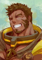 Rule 34 | 1boy, absurdres, bara, beard, belt, brown hair, cape, chest harness, cross scar, eoy4yehexyyhqgf, closed eyes, facial hair, harness, heracles (housamo), highres, jewelry, large pectorals, long sideburns, male focus, muscular, pectorals, scar, sideburns, simple background, smile, solo, teeth, tokyo houkago summoners, upper body