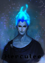 Rule 34 | 1boy, ancient greek clothes, animification, blue hair, chiton, colored skin, disney, fiery hair, greco-roman clothes, grey skin, hades (disney), hercules (disney), himation, j (onose1213), male focus, pointy ears, realistic, robe, skull, smirk, solo, toga, yellow eyes