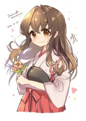 Rule 34 | 1girl, akagi (kancolle), brown eyes, brown hair, commentary request, cowboy shot, cropped torso, dated, flower, hakama, hakama short skirt, hakama skirt, harunohotaru, highres, japanese clothes, kantai collection, long hair, looking at viewer, muneate, one-hour drawing challenge, red hakama, signature, simple background, skirt, solo, straight hair, tasuki, white background