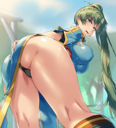 Rule 34 | 1girl, ass, bent over, black panties, blue dress, blush, breasts, commission, dress, fire emblem, fire emblem: the blazing blade, from behind, green eyes, green hair, hair behind ear, kneehighs, kneepits, large breasts, legs, looking back, lyn (fire emblem), nintendo, open mouth, panties, pixiv commission, ponytail, sajittari, short sleeves, sketch, socks, solo, thighs, tree, underwear