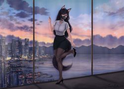 Rule 34 | 1girl, animal ears, black footwear, black pantyhose, borrowed character, city, cloud, cloudy sky, commission, dismaiden, glasses, hand up, high heels, highres, long hair, mitsuki (hanns33694210), mountain, original, pantyhose, round eyewear, shadow, shirt, short sleeves, sky, solo, standing, tail, twilight, white shirt, wide shot, window, wolf ears, wolf girl, wolf tail