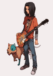 Rule 34 | 1boy, animal, beck, black eyes, black hair, closed mouth, dog, grey background, guitar, hungry clicker, instrument, long sleeves, male focus, minami ryuusuke, orange shirt, pants, parted lips, shirt, shoes, simple background, sneakers, striped clothes, striped shirt, t-shirt