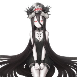 Rule 34 | 10s, 1girl, abyssal ship, battleship princess, black dress, black hair, breasts, cleavage, dress, horns, kantai collection, long hair, misawa kei, monster, pale skin, personification, red eyes, short dress, skin-covered horns, solo, very long hair, white background