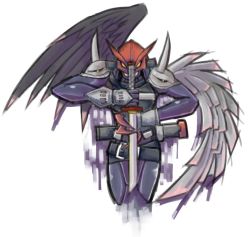 Rule 34 | 1boy, armor, artist request, belt, black wings, digimon, digimon (creature), fang, highres, holding, holding sword, holding weapon, mask, monster boy, muscular, ravmon, simple background, sword, weapon, wings