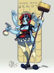 Rule 34 | 1girl, alex ahad, arthropod girl, blue skin, bottle, breasts, broom, character name, cleavage, colored sclera, colored skin, demon mages, dual wielding, extra arms, extra eyes, gun, handgun, highres, holding, insect girl, large breasts, maid, maid headdress, monster girl, original, pistol, red hair, solo, spider girl, spider maid wendy, spray bottle, thighhighs, weapon, white thighhighs, yellow sclera