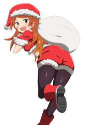 Rule 34 | 1girl, :d, ass, black pantyhose, boots, breasts, dress, from behind, full body, fur trim, hat, highres, holding, holding sack, idolmaster, idolmaster million live!, idolmaster million live! theater days, light blush, long hair, looking at viewer, looking back, nejime (nejimeinu), ogami tamaki, open mouth, orange hair, pantyhose, sack, santa boots, santa costume, santa dress, santa hat, shoe soles, short sleeves, simple background, small breasts, smile, solo, standing, standing on one leg, white background