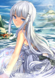 Rule 34 | 1girl, bare shoulders, blue eyes, crab, dress, grey dress, hair ornament, hair ribbon, hairclip, idolmaster, idolmaster million live!, idolmaster million live! theater days, long hair, looking at viewer, low-tied long hair, outdoors, partially submerged, ribbon, shiraishi tsumugi, sitting, sketch, smile, solo, water, wet, wet clothes, white hair, yoropa