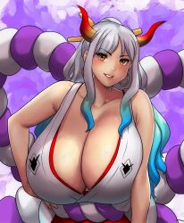 Rule 34 | 1girl, absurdres, breasts, cleavage, erkaz, gigantic breasts, highres, horns, huge breasts, one piece, solo, tagme, yamato (one piece)