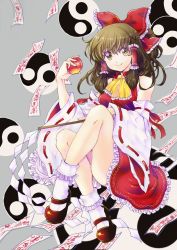 Rule 34 | 1girl, apple, asai ichiko, ascot, bow, brown hair, crossed ankles, detached sleeves, food, fruit, full body, grey background, hair bow, hair tubes, hakurei reimu, highres, holding, holding food, holding fruit, looking at viewer, mary janes, ofuda, red bow, ribbon-trimmed sleeves, ribbon trim, shoes, simple background, skirt, smile, socks, solo, touhou, underwear, yellow eyes, yin yang