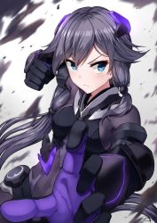 Rule 34 | 1girl, action, black bodysuit, black gloves, blue eyes, bodysuit, breasts, clenched hand, closed mouth, commentary request, elbow gloves, expressionless, fu hua, fu hua (shadow knight), gloves, hair between eyes, hair ornament, hands up, headgear, highres, honkai (series), honkai impact 3rd, long hair, looking at viewer, partial commentary, power suit, sidelocks, signature, small breasts, solo, wind, xfate