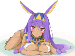 Rule 34 | 1girl, animal ears, areola slip, bare shoulders, blush, bracelet, breast press, breasts, chain, closed mouth, covered erect nipples, dark-skinned female, dark skin, detached collar, earrings, egyptian clothes, facepaint, facial mark, fate/grand order, fate (series), hairband, halterneck, hand on own chest, hip focus, hoop earrings, jackal ears, jewelry, kamu (geeenius), long hair, looking at viewer, low-tied long hair, lying, medium breasts, nitocris (fate), on stomach, one-piece swimsuit, purple eyes, purple hair, sidelocks, simple background, smile, solo, swimsuit, thighs, usekh collar, very long hair, white background, white one-piece swimsuit