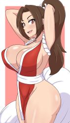 Rule 34 | 1girl, absurdres, armpits, arms behind head, breasts, brown eyes, brown hair, cleavage, fatal fury, highres, large breasts, long hair, looking at viewer, open mouth, ponytail, shiranui mai, sideboob, smile, snk, solo, the king of fighters