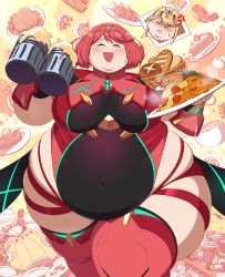 Rule 34 | 3girls, absurdres, anger vein, angry, beer mug, belly, black gloves, blonde hair, bodysuit, breasts, chest jewel, clenched teeth, closed eyes, cup, fat, fingerless gloves, food, gloves, highres, jeetdoh, large breasts, muffin top, mug, multiple girls, mythra (xenoblade), nia (xenoblade), obese, open mouth, plate, pyra (xenoblade), red eyes, red hair, red legwear, red shorts, short hair, short shorts, shorts, swept bangs, teeth, thick thighs, thighhighs, thighs, tiara, xenoblade chronicles (series), xenoblade chronicles 2, yellow bodysuit