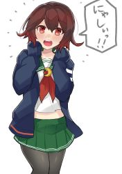 Rule 34 | 1girl, absurdres, black pantyhose, brown hair, commentary request, cowboy shot, crescent, crescent pin, dokuganryuu, gradient hair, green sailor collar, green skirt, highres, jacket, kantai collection, looking at viewer, multicolored hair, mutsuki (kancolle), mutsuki kai ni (kancolle), neckerchief, one-hour drawing challenge, open mouth, pantyhose, pleated skirt, red eyes, red hair, red neckerchief, round teeth, sailor collar, school uniform, serafuku, short hair, simple background, skirt, sleeves past fingers, sleeves past wrists, solo, teeth, upper teeth only, white background