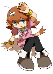 Rule 34 | absurdres, animal ears, bandaid, blue eyes, brown hair, crying, crying with eyes open, highres, kaze no klonoa, lolo (klonoa), looking at viewer, medium hair, monkey ears, monkey tail, on ground, simple background, sitting, tail, tears, touyama sairi, white background