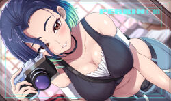 Rule 34 | 1girl, amepa (ame pinecandy), bare shoulders, bent over, black choker, black shirt, blue hair, blush, bob cut, breasts, brown eyes, camera, character name, choker, cleavage, collarbone, commentary request, creatures (company), crop top, denim, dutch angle, game freak, gradient hair, grey shirt, highres, holding, holding camera, jeans, kasai shin, large breasts, loose hair strand, midriff, multicolored hair, navel, nintendo, pants, perrin (pokemon), pokemon, pokemon sv, ribbed shirt, shirt, sleeveless, sleeveless shirt, undershirt, v-neck, viewfinder